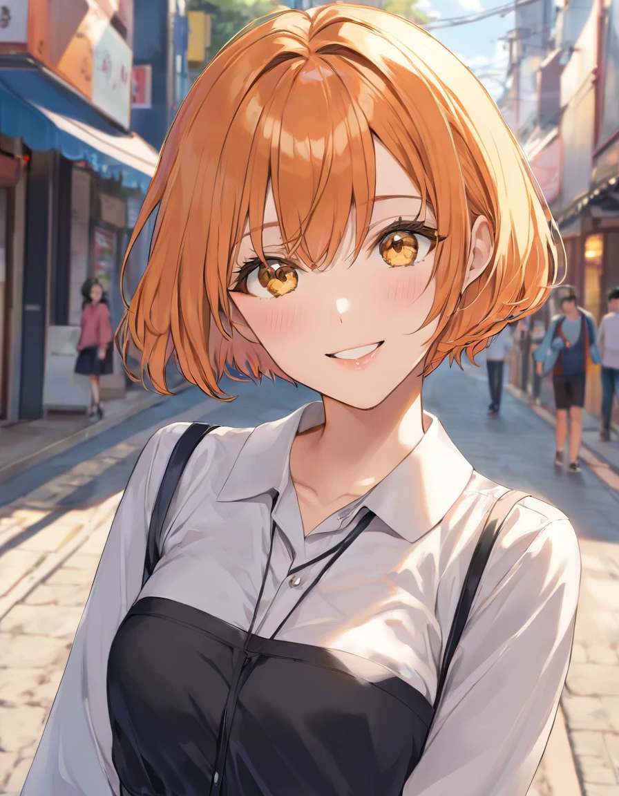 Beautiful self-confidence々Smiling adult woman、((Orange short hair))(Yellow Eyes)、(She&#39;s dressed as a sexy wizard)、Close-up of face、Have a magic wand