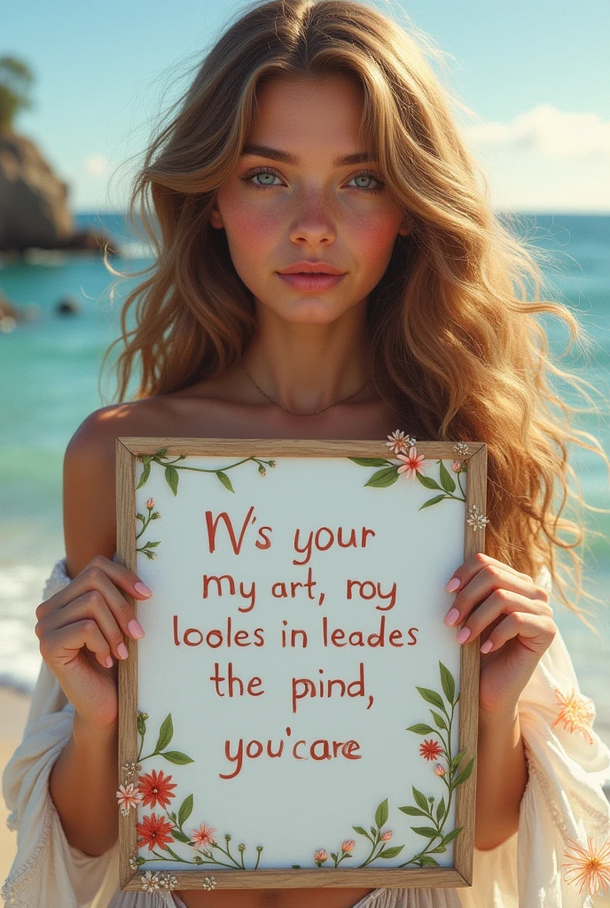 Beautiful girl with wavy long hair, bohemian dress, holding a white board with text "I Love Seaart Infinity" and showing it to the viewer big breasts