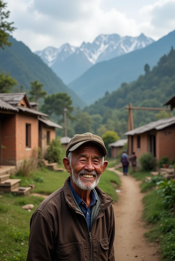 a nepali old man in smiling in village
