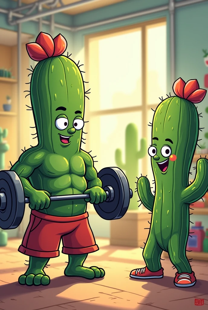 A cactus performing an exercise called sumo deadlift high pull while a female cactus cheers him on, both in cartoon format and happy