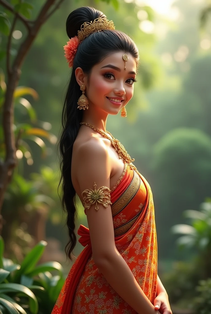 balinese woman, oval shape face, smile, attractive eyes, balinese dress, attractive breast, standing, 3d render