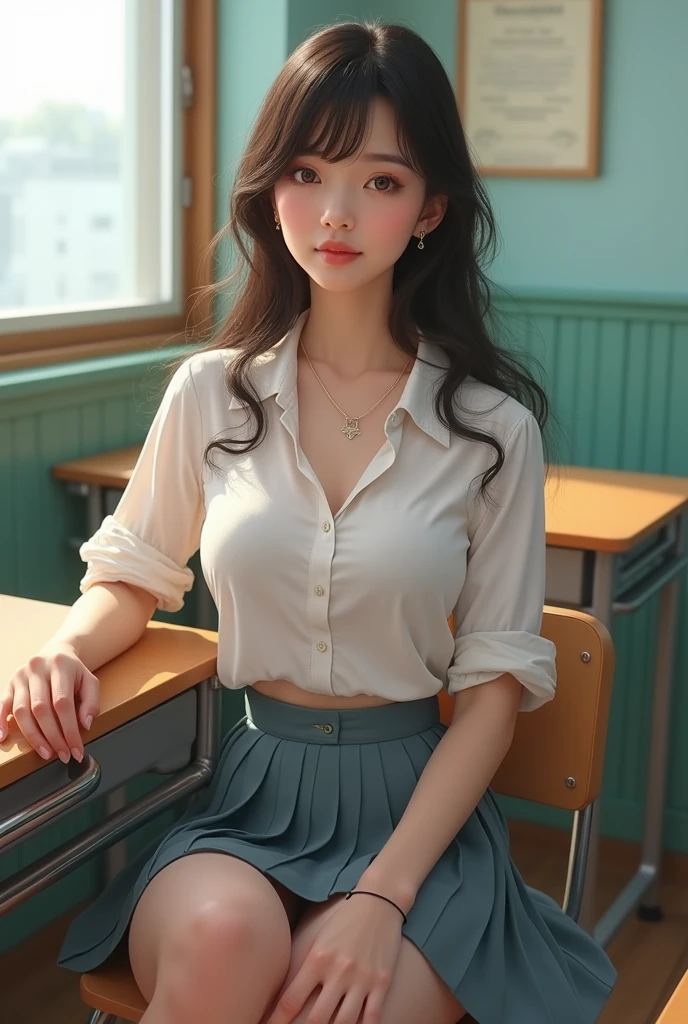 top-quality, masterpiece, Beautiful girl sitting at desk, hi-school girl, Uniforms, plump big breasts, open legs, White blouses, pleatedskirt, Shy look,