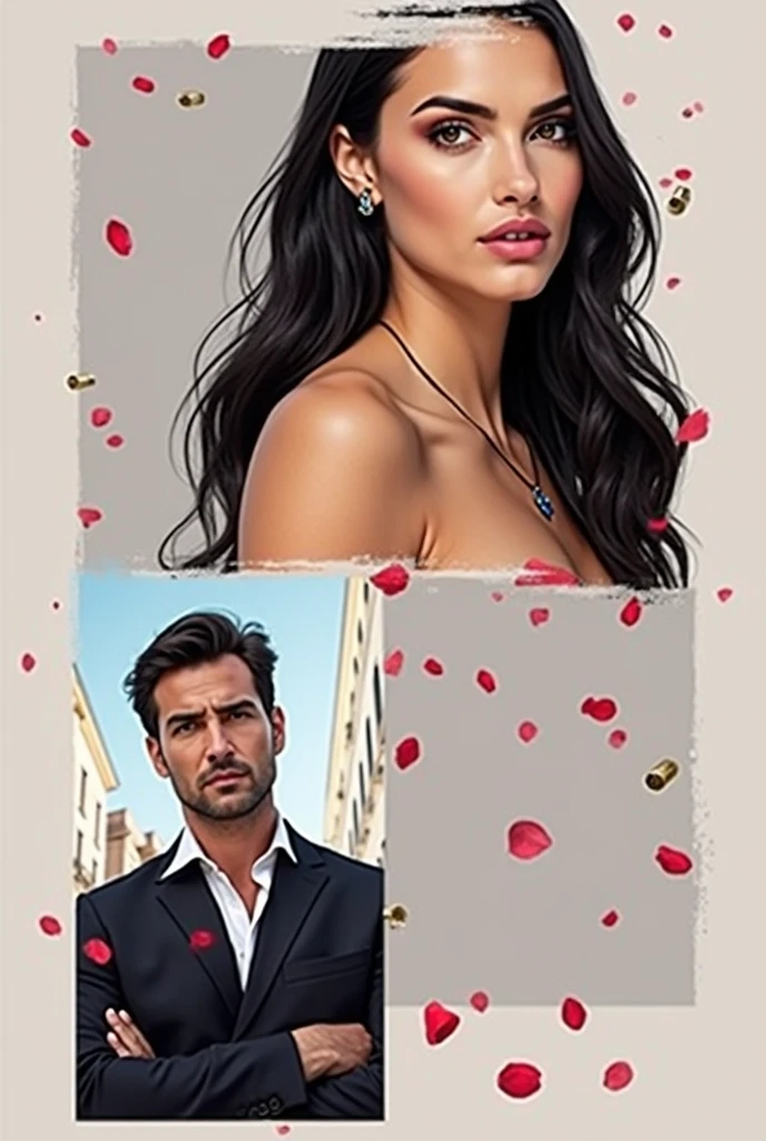A background of a dark street with bullets and red rose petals on the ground, The girl is between the two men who are almost two meters tall., The girl has a sexy red dress and the men are wearing tailored black suits.  The images I put are just for you to use the faces as a reference, make an edit like i asked you