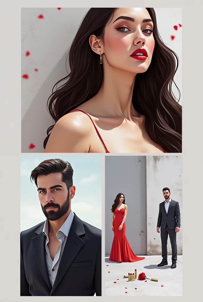 A background of a dark street with bullets and red rose petals on the ground, The girl is between the two men who are almost two meters tall., The girl has a sexy red dress and the men are wearing tailored black suits.  The images I put are just for you to use the faces as a reference, make an edit like i asked you