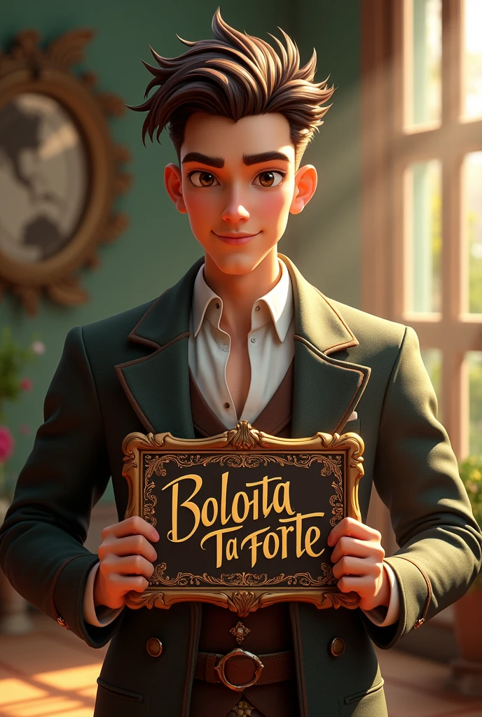 a man named acorn,he is wonderful,the most handsome man in the world is holding a plaque with his name on it,his name is BOLOTA-TA-FORTE 