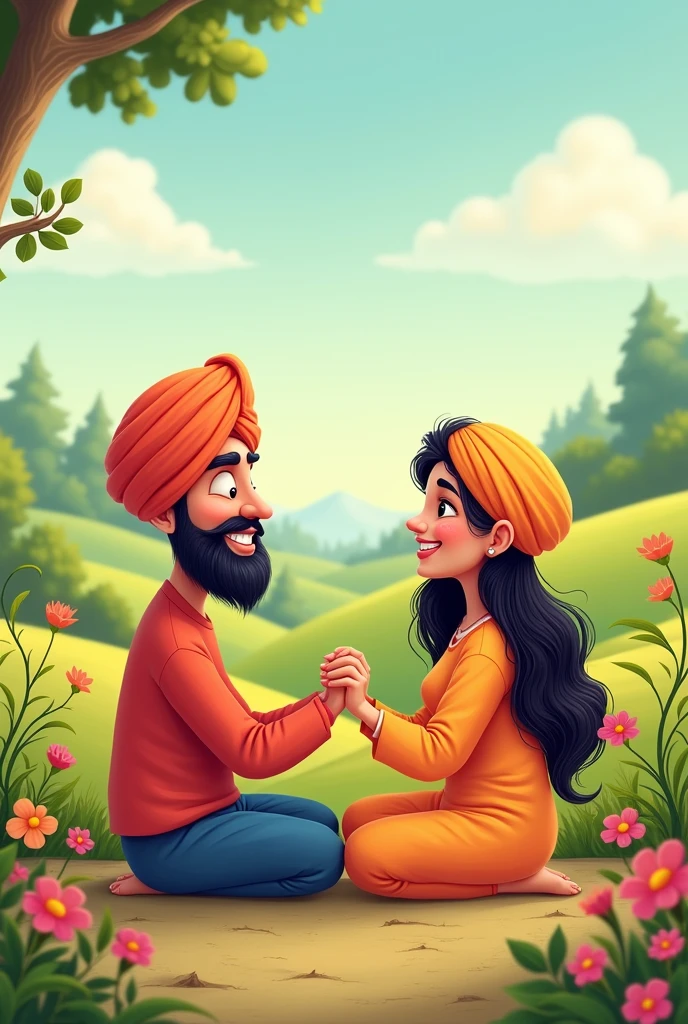 A turban guy sikh couple cartoon image in which they a sitting together while holding their hands