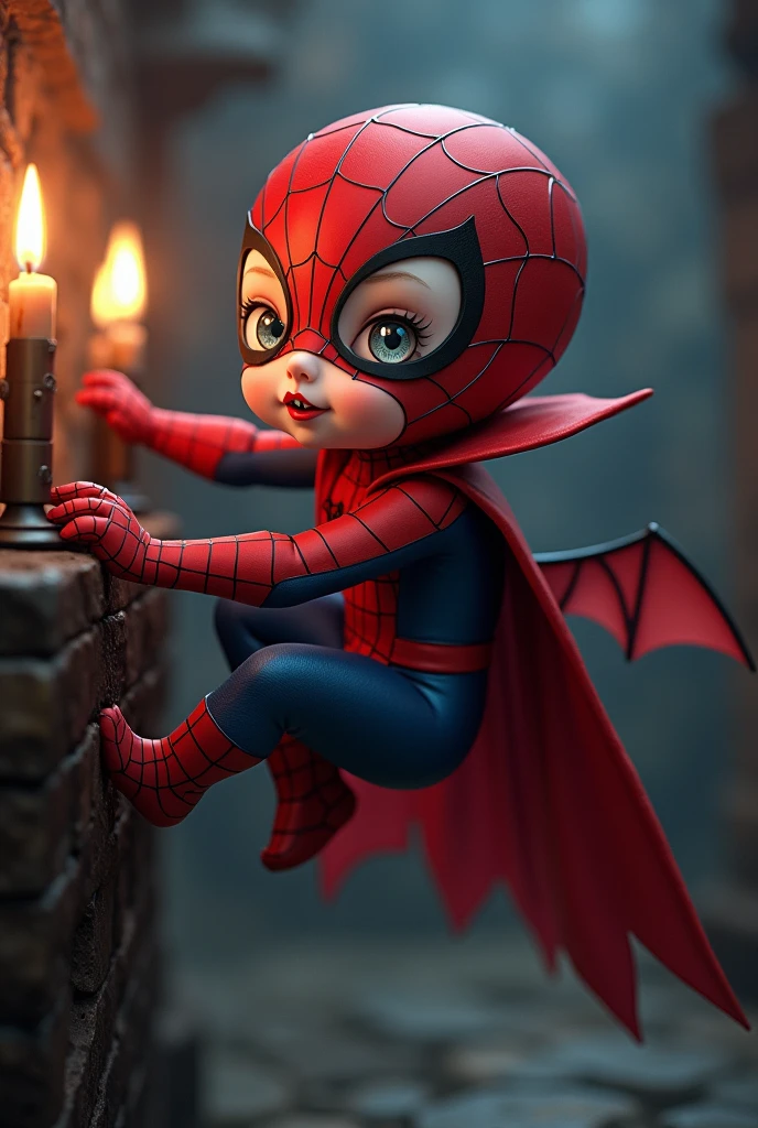 Vampire dressed as Spiderman, cute and tiny