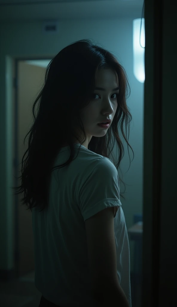 ((best quality)), ((Masterpiece)), (details), She quickly turned back to look, but saw no one. Mind felt goosebumps and began to have the feeling that she was not alone.
