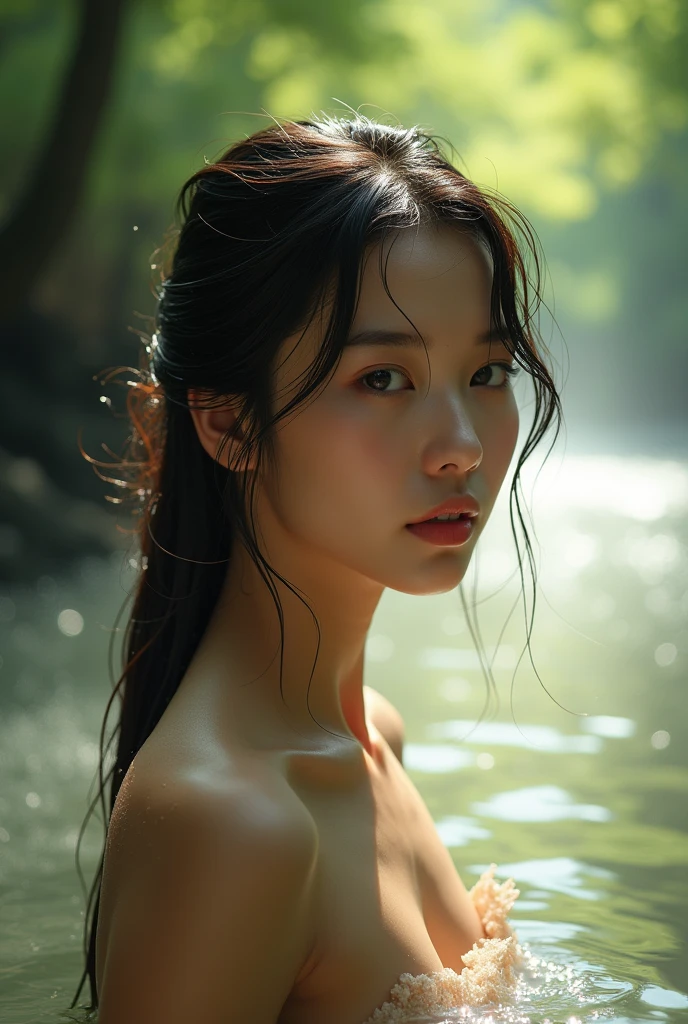 A young and elegant korean cute nude girl inside a river on the forest, half below body is in the river. The sunlight filtering through the trees illuminates her body, making her look like a goddess. (show her nipples:1.3) The scene is surrounded by gentle light, creating a calm and peaceful atmosphere. Ultra realistic, detailed wet skin texture, detailed beautiful face, detailed wet hair, misty river, ray of light from between the trees, dramatic lighting, cinematic