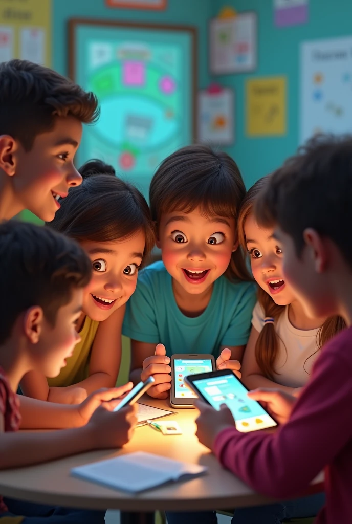 Generate me an image of some fourth grade students playing with an educational video game of language and literature cellulose as on phones