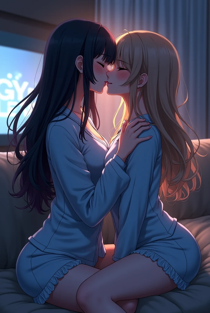 two beautiful anime women making out on their couch, dark, soft light from the TV, missionary position, one with long silk black hair and one with long curly light brown hair, in blue pajamas.