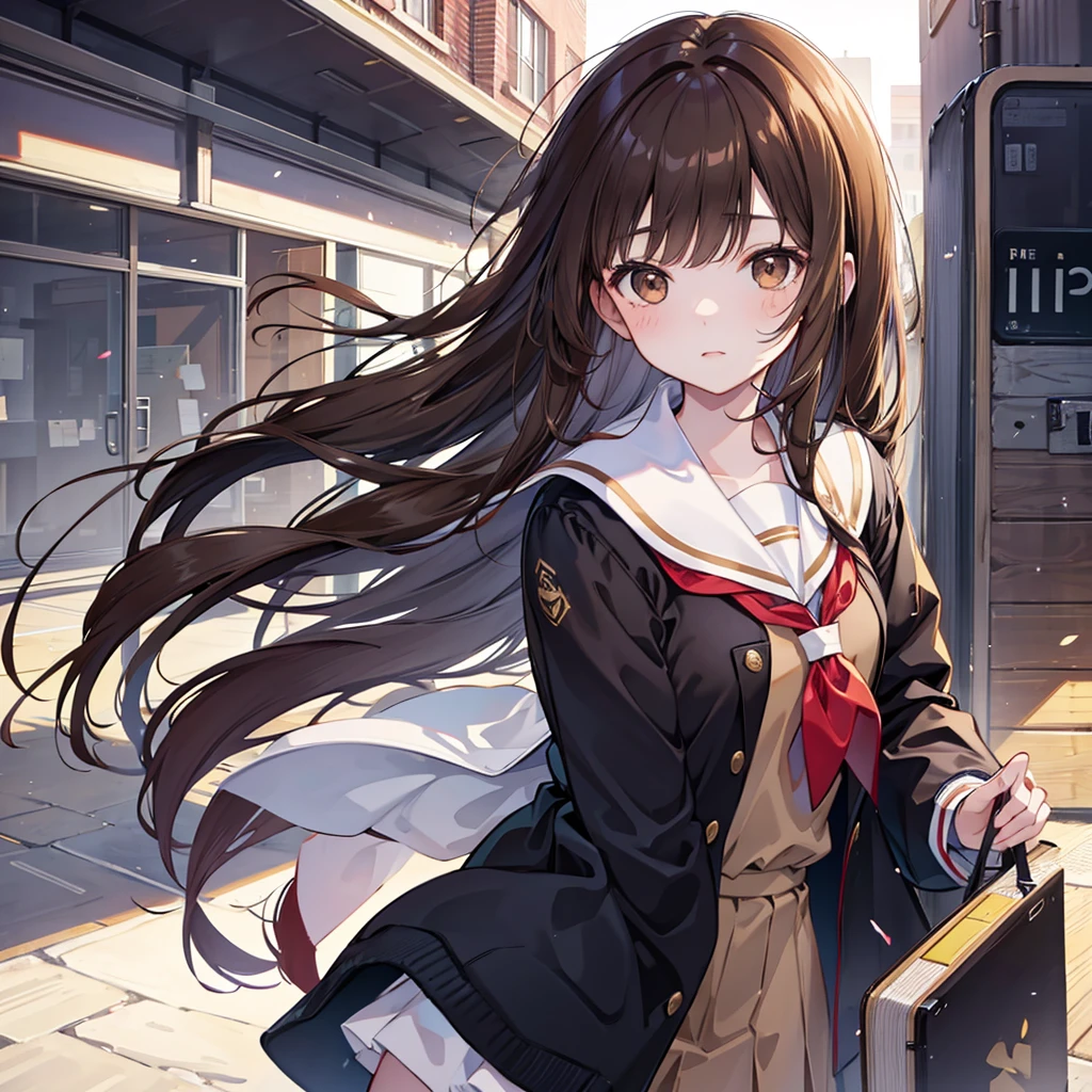 Cute brown eyes, cute face, student uniform, brown hair, long wavy hair