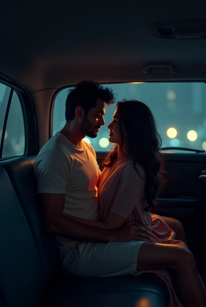 At night, one indian man wears tshirt shorts sitting on back seat of the car and one indian woman is sitting on that man's lap. That woman wears kurta and slack. Woman looking to front seat, man smelling woman's hair. man holding that woman from behind and wrapped his hands on  her waist.