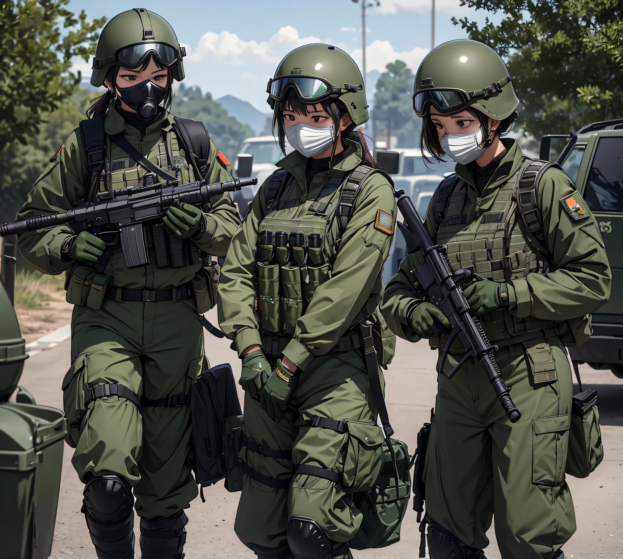 Looking up、A group of female special forces soldiers wearing dark green M-51 military uniforms、Put on a helmet、Wear goggles、wearing gas masks、Military Pants、Knee pads、Write details、masterpiece、best quality、Highly detailed CG、8K picture quality