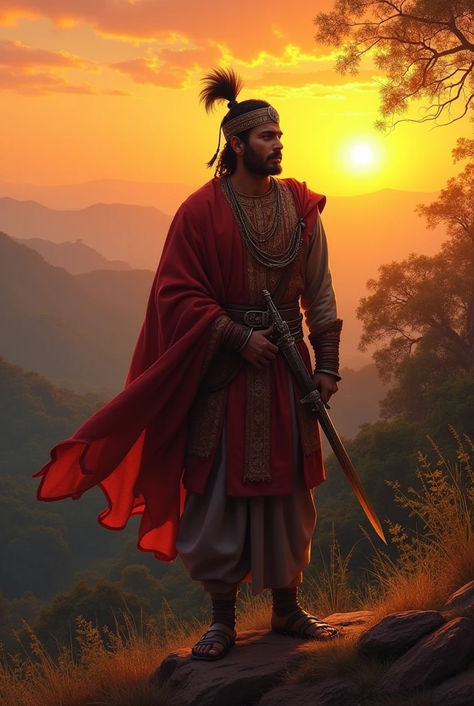 Maharana Pratap’s Reignited Resolve: Maharana Pratap, standing on a hill overlooking his kingdom, with the sun setting in the background. His posture reflects a renewed determination to continue the struggle for freedom.