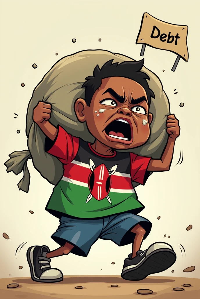 Cartoon wearing tshirt with kenyan flag colors really sweating when struggling to lift heavy load labelled debt