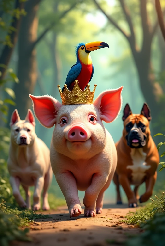 A PIG WITH A CROWN GOES OUT FOR A WALK WITH HIS PETS: 1 HORNED PARROT, A toucan, AN AMERICAN BULLY AND A CANE CORSO