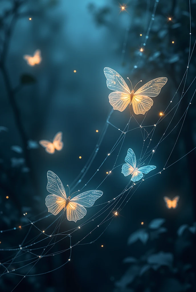 butterflies are flying around a spider web in the dark, 🌺 cgsociety, glowing butterflies, butterflies and sunrays, by Mike Winkelmann, beautiful gorgeous digital art, by Marie Bashkirtseff, full of glass. cgsociety, fairy cgsociety, butterfly lighting, by Cyril Rolando, very beautiful digital art, butterfly, beautiful digital art, beautiful!!! digital art