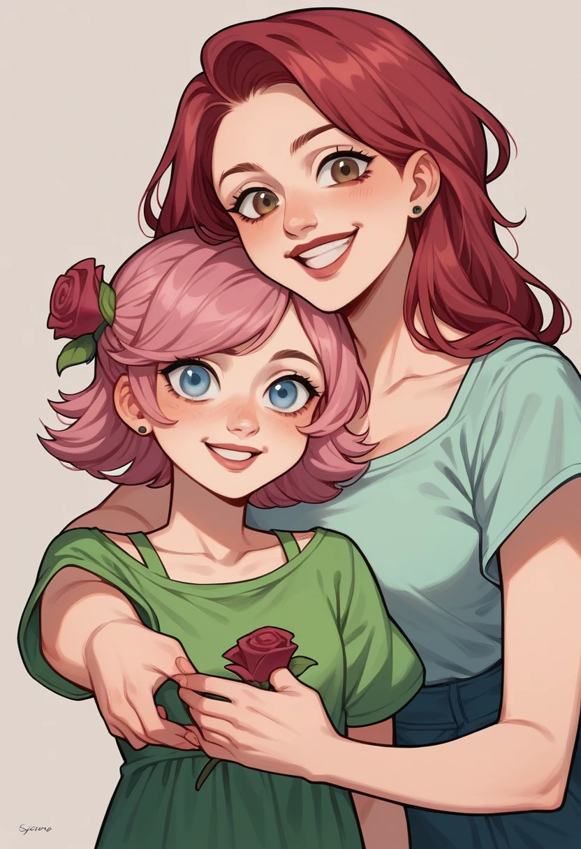 twoo girls,In a comic book style, Roselyne Mountain and Furya, both girls, are depicted with their unique characteristics. Roselyne has short red hair and grey-blue eyes, appearing timid. Furya, also a girl, is taller with mid-length curly bordeaux red hair and brown eyes, smiling warmly. Their vibrant comic style captures the essence of their young love, with Furya's outgoing nature complementing Roselyne's shyness, highlighting their contrasting yet harmonious appearances.