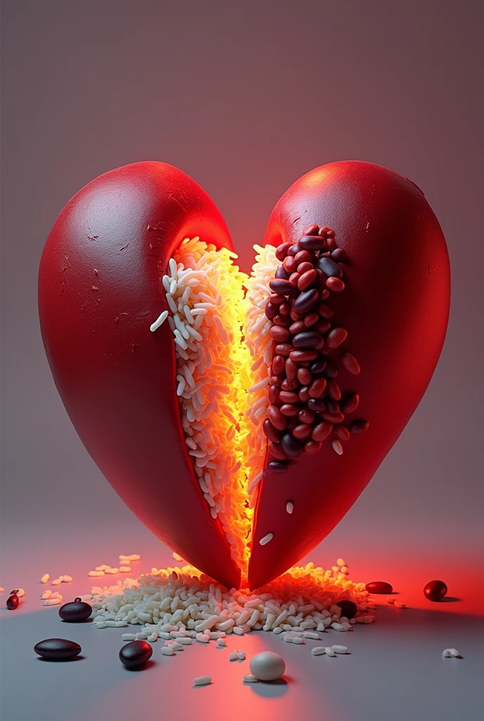 BROKEN HEART HALF WITH RICE THE OTHER WITH BEANS, 3D LIGHTS AND SHADOWS