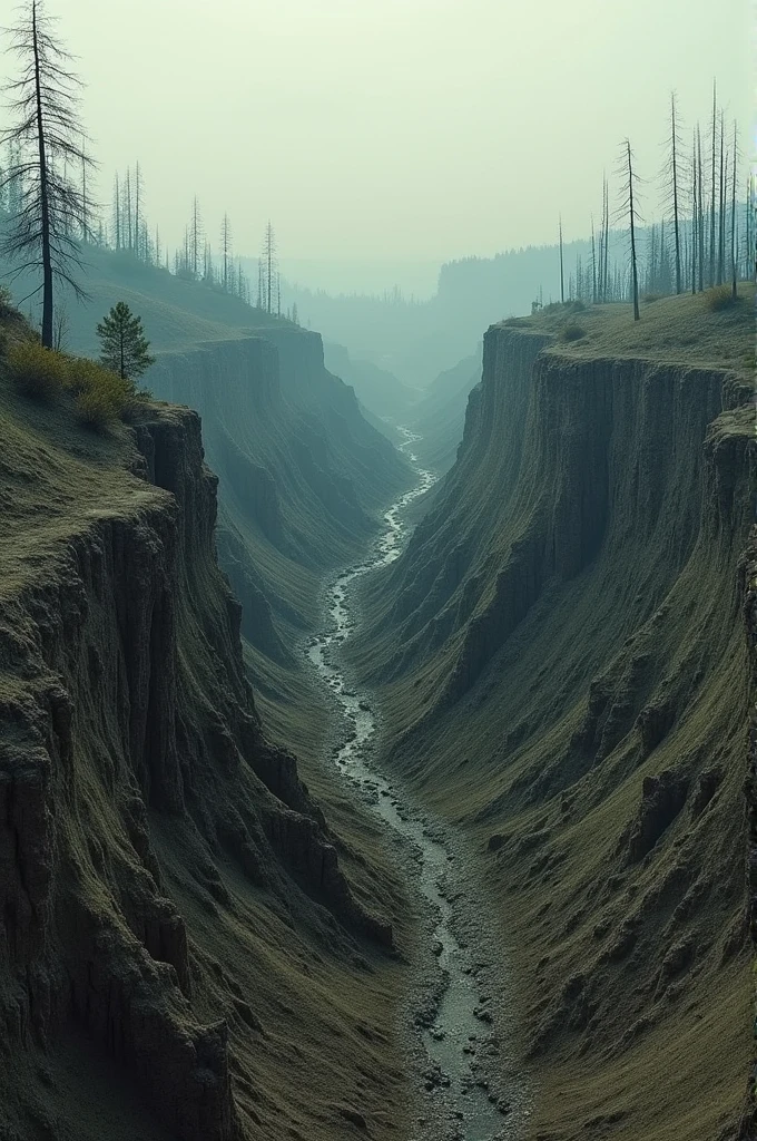 A photo showing a landscape with visible signs of severe soil erosion, such as gullies or barren land, where trees once stood.