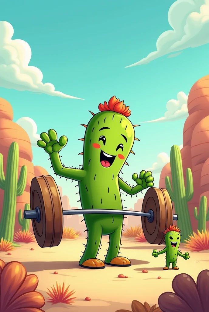 A cactus performing an exercise called sumo deadlift high pull while a female cactus cheers him on, both in Disney cartoon format and happy
