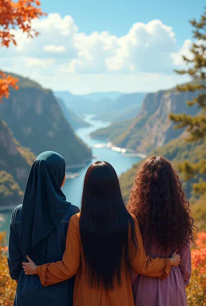 10 muslim cousins who are covered one of them not covered with long curly brown hair looking into a beautiful view . A picture from behind
