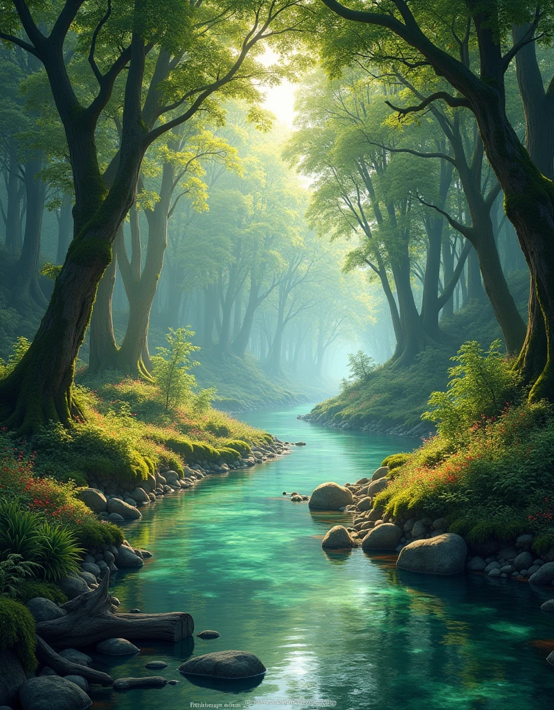 a small river in a wild forest, a masterpiece of nature
