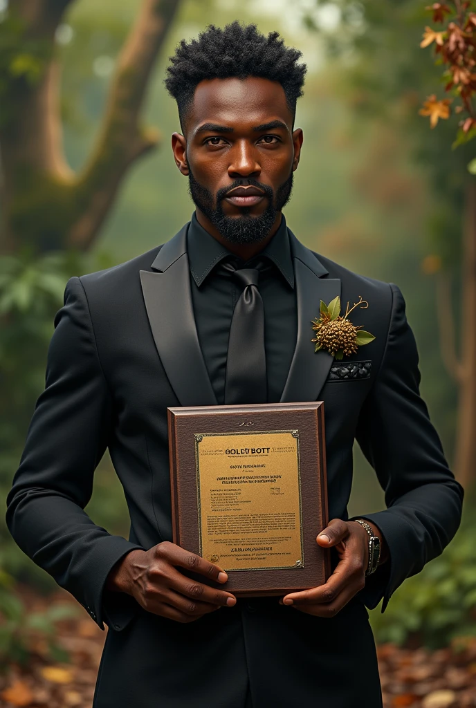a man named acorn,he is wonderful,the most handsome man in the world is holding a plaque with his name on it,his name is BOLOTA-TA-FORTE,he is black