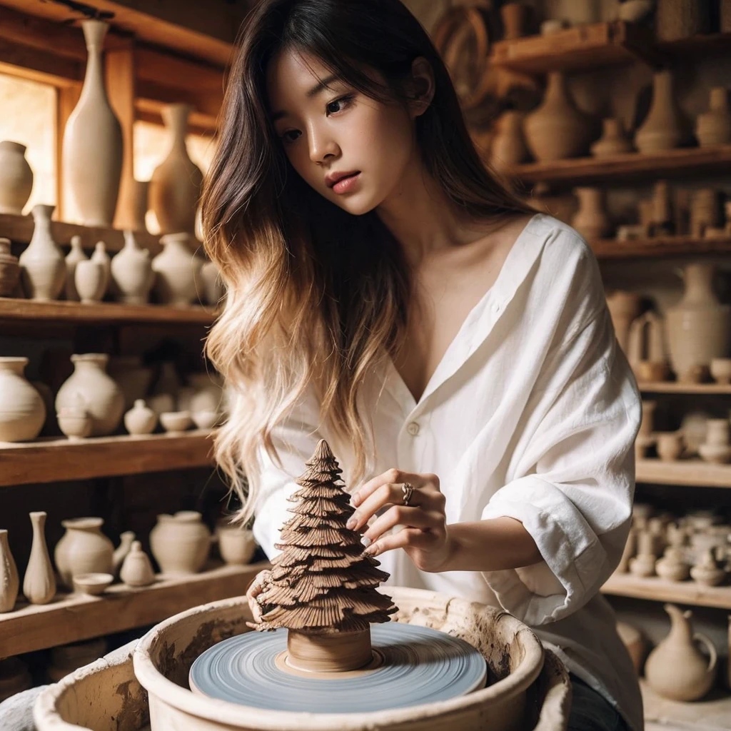 A photo of an Asian woman with long brown hair and white ombre ends.She is wearing a loose white shirt and is sitting in a clay art room.the woman is making a miniature incredible tree from clay artwork using a pottery wheel.The room contains many clay artworks,including a large clay vase.The background is warm and inviting.The photo has a high quality and is in focus,capturing the details of the woman's fingers