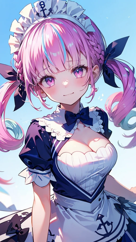 (Highest quality:1.2), (Very detailed:1.2),(masterpiece:1.2),(8k:1.2),(Blessed,Captivating body、Very beautiful eyes、Very detailed肌、Very detailed顔,Detailed Background), aaaqua, twintails, drill hair, maid headdress, cleavage, short sleeves, wrist cuffs, (summer background,Blue Sky background), (Sad smile:1.3)