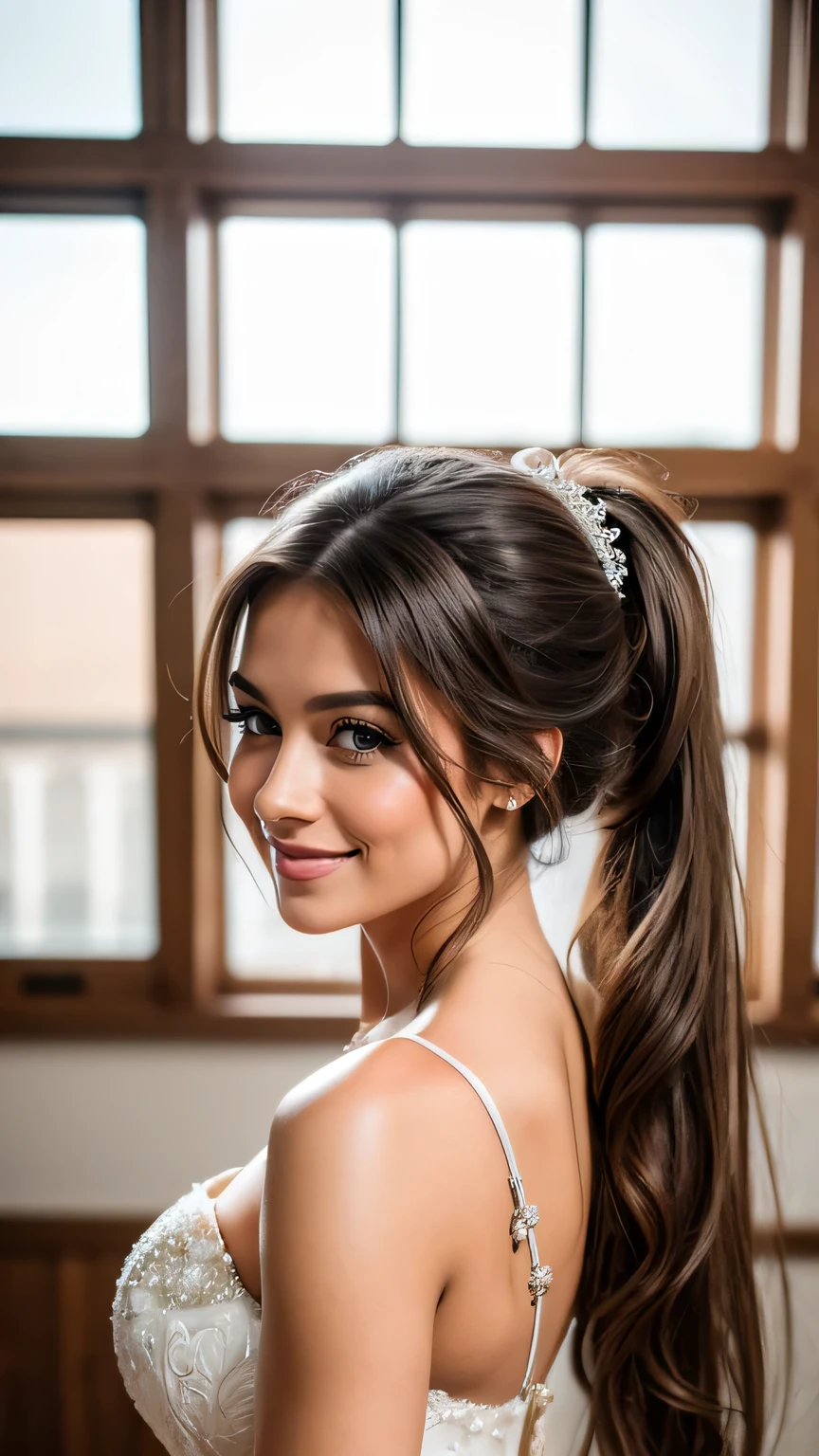 Realistic full body photo of a smiling brunette young girl with long hair, ponytail hairstyle, She dances in front of the camera in a long A-line wedding dress with straps made of shiny satin., Park,glamour fotoshooting, Wedding celebration, perfect anatomy, perfect brown eyes. Perfect hands with 5 fingers on each hand, Matching girl, look into the camera, 1 Frau. (Eye make up:1.1), (highly detailed skin:1.1), spirit, analog style, keen focus, 8K UHD, dslr, good quality, Fujifilm XT3, Grain, Award-winning, masterpiece. Wedding celebration