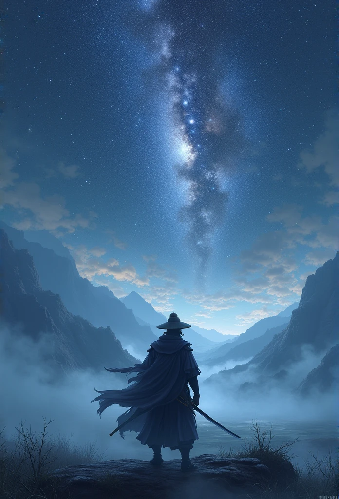 the samurai holds a katana, Starry skies and mist envelop the landscape.