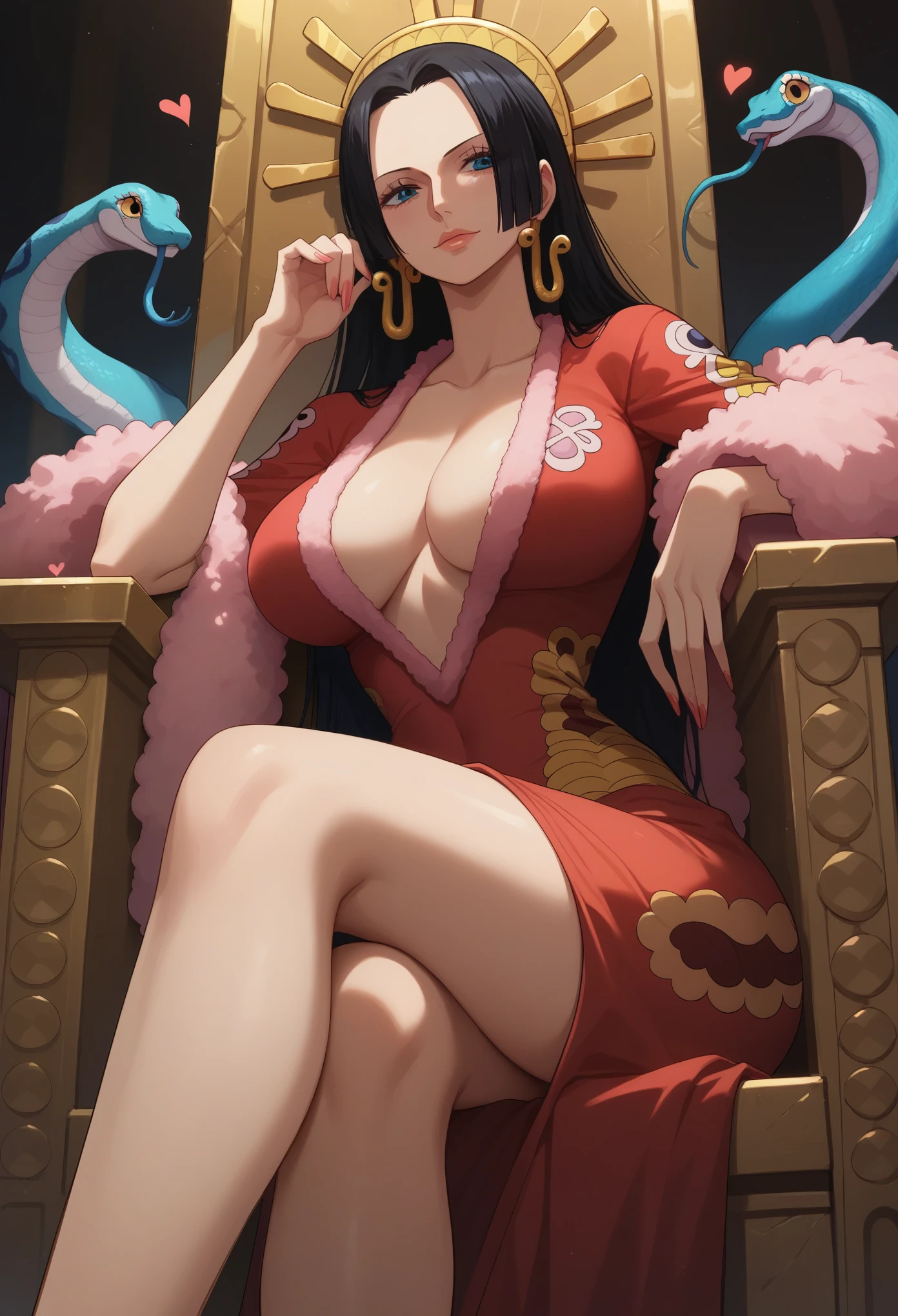 score_9, score_8_up, score_7_up, score_6_up, 1girl, boa hancock (one piece), sitting, throne, arm rest, snake, (((heart))), mature female, from below,