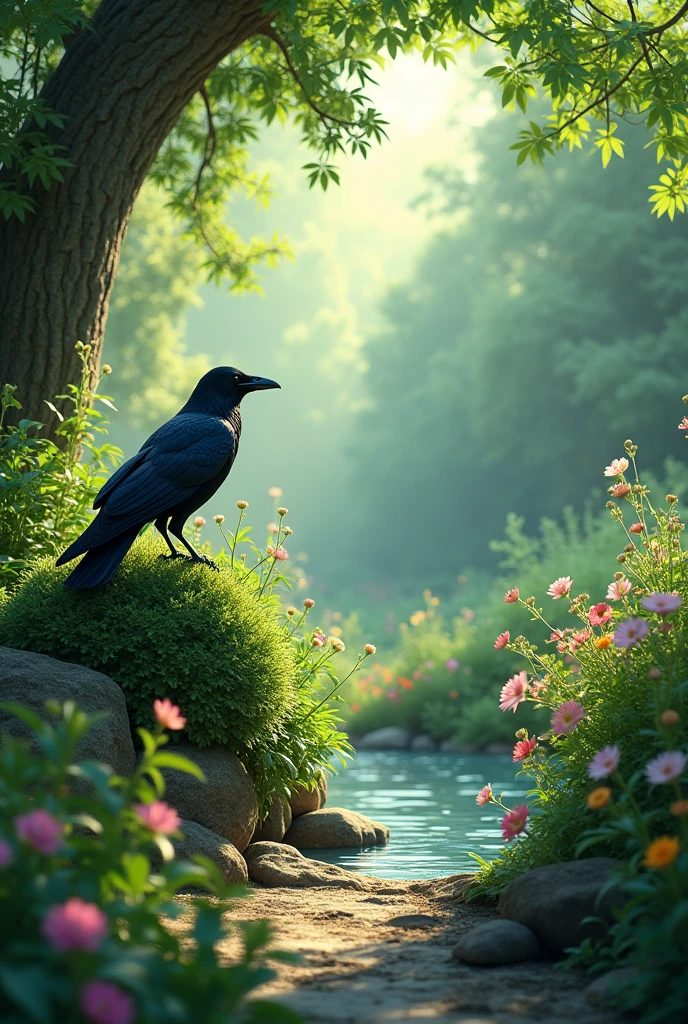 the garden(Where water is not visible) I black crow saw a pitcher of water