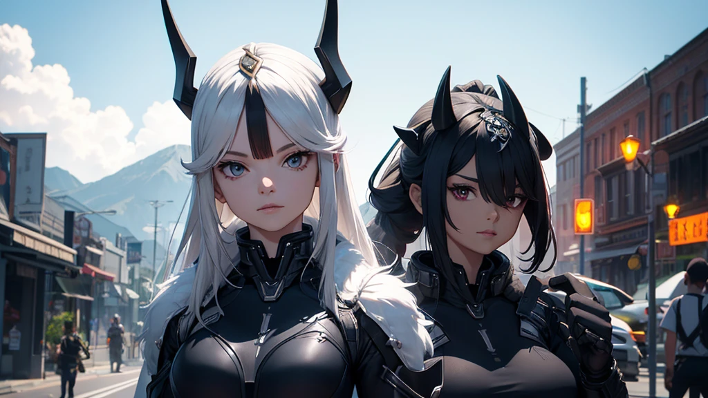 Make an alien character. She should have black clothes as technological armor., besides having futuristic horns