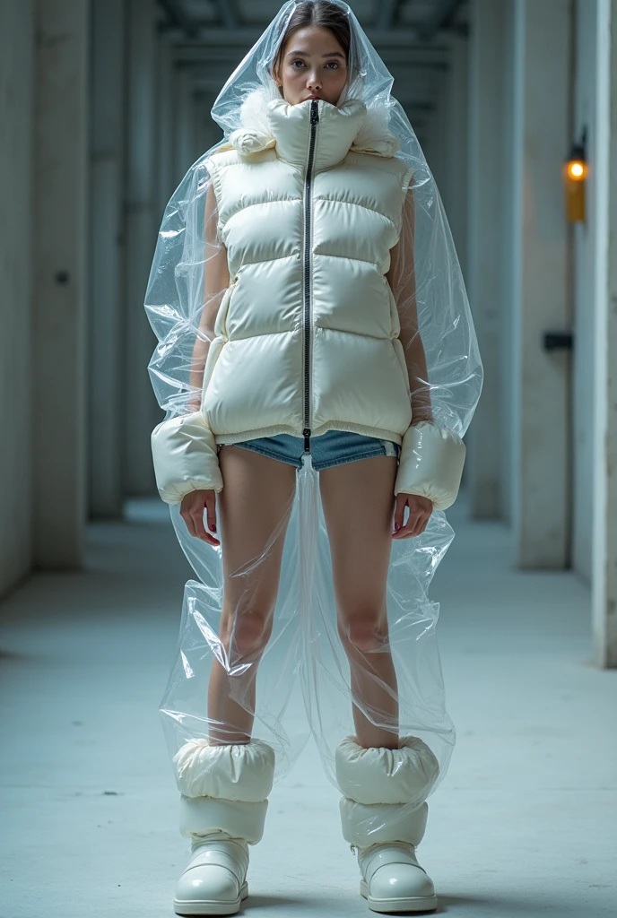 a skintight airtight transparent rubber membrane is sealing the face of a slim european busty hyper slim youth girl who is gasping for air while she is wearing over her transparent glossy suit a glossy transparent duvetica hyper filled puffer down vest standing in the rubberstore with her foots stuck inside overfilled overinflated hyper inflated glossy transparent puffer down-socks, perfect, masterpiece, symmetrical, beautiful, intricate