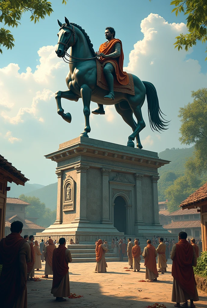 Memorial to Chetak: A memorial scene showing the statue of Chetak in a small village, with villagers paying their respects. The statue is depicted with Chetak in his heroic pose, commemorating his sacrifice and loyalty.