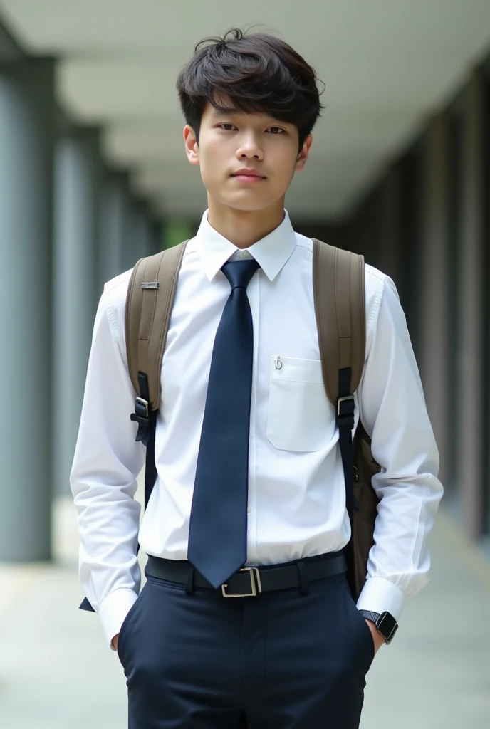 a student with only a white shirt, Navy blue tie and backpack