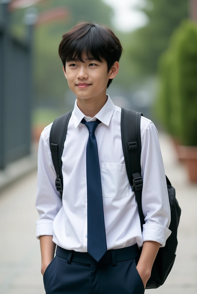 a student with only a white shirt, Navy blue tie and backpack