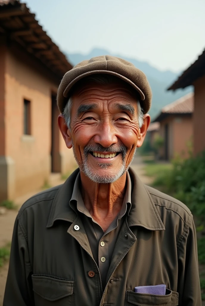 a nepali cap wearing old man in smiling in village
