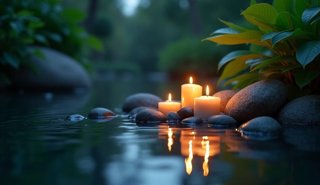 Close-up of a candle and a few rocks with candles, romantic scene, rippling water surface, green leaves, at night, feeling of peace and relaxation, peace and serenity, peaceful and quiet atmosphere, late night, night, quiet and peaceful atmosphere