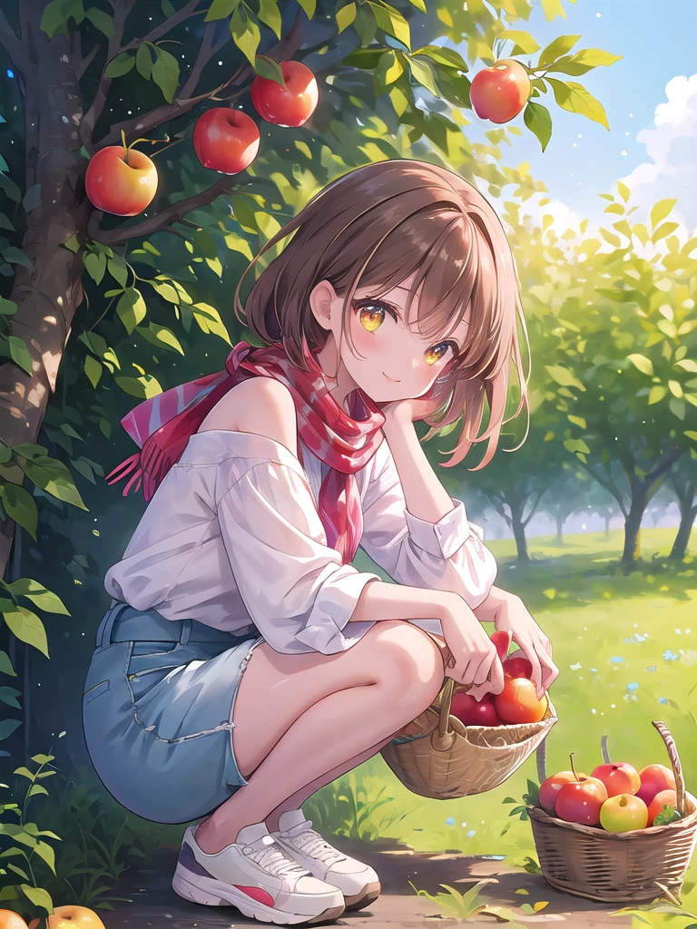 ((8k, best quality, master piece: 1.3)),super high resolution,(1 girl, solo), (colorshift eyes, hyperdetailed, expressive sparkling, glitter, glowing eyes), ultra detailed eyes, ultra-detailed face, random hair, ((pastel color)),A woman picking fruit. The background is a spacious orchard, with lush trees and colorful fruits hanging from the lush leaves. The sky is clear and the soft sunlight envelops the entire orchard, creating a bright and refreshing atmosphere. Grass is growing on the ground of the orchard, and small flowers are blooming here and there. The woman is dressed casually and easily moved around, and appears to be enjoying fruit picking. She is wearing a white blouse, thin denim shorts, and lightweight sneakers. The sleeves of the blouse are slightly rolled up and a small scarf is tied around her neck. A red handkerchief is visible in the pocket of the shorts, and there are some dirt marks on the sneakers. Her outfit is simple, yet refreshing and bright. Her shoulder-length brown hair is lightly curled and blowing in the wind. Her hair is decorated with a pretty flower, brightening her face. Her expression is lively, and she is smiling as she picks the fruit. Her eyes are sparkling, and you can tell she is enjoying the nature of the orchard.

She is holding a small basket in her hand, which contains some fresh fruit. The basket contains red apples, oranges, yellow lemons, and other colorful fruits, and the shot is a full-body shot that shows her whole body. She is slightly crouching in the orchard, reaching out her hand to pick the fruit. The orchard trees and sky are depicted in the background, and her figure in nature blends beautifully.