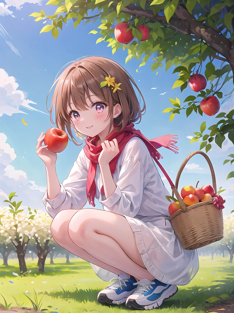 ((8k, best quality, master piece: 1.3)),super high resolution,(1 girl, solo), (colorshift eyes, hyperdetailed, expressive sparkling, glitter, glowing eyes), ultra detailed eyes, ultra-detailed face, random hair, ((pastel color)),A woman picking fruit. The background is a spacious orchard, with lush trees and colorful fruits hanging from the lush leaves. The sky is clear and the soft sunlight envelops the entire orchard, creating a bright and refreshing atmosphere. Grass is growing on the ground of the orchard, and small flowers are blooming here and there. The woman is dressed casually and easily moved around, and appears to be enjoying fruit picking. She is wearing a white blouse, thin denim shorts, and lightweight sneakers. The sleeves of the blouse are slightly rolled up and a small scarf is tied around her neck. A red handkerchief is visible in the pocket of the shorts, and there are some dirt marks on the sneakers. Her outfit is simple, yet refreshing and bright. Her shoulder-length brown hair is lightly curled and blowing in the wind. Her hair is decorated with a pretty flower, brightening her face. Her expression is lively, and she is smiling as she picks the fruit. Her eyes are sparkling, and you can tell she is enjoying the nature of the orchard.
She is holding a small basket in her hand, which contains some fresh fruit. The basket contains red apples, oranges, yellow lemons, and other colorful fruits, and the shot is a full-body shot that shows her whole body. She is slightly crouching in the orchard, reaching out her hand to pick the fruit. The orchard trees and sky are depicted in the background, and her figure in nature blends beautifully.