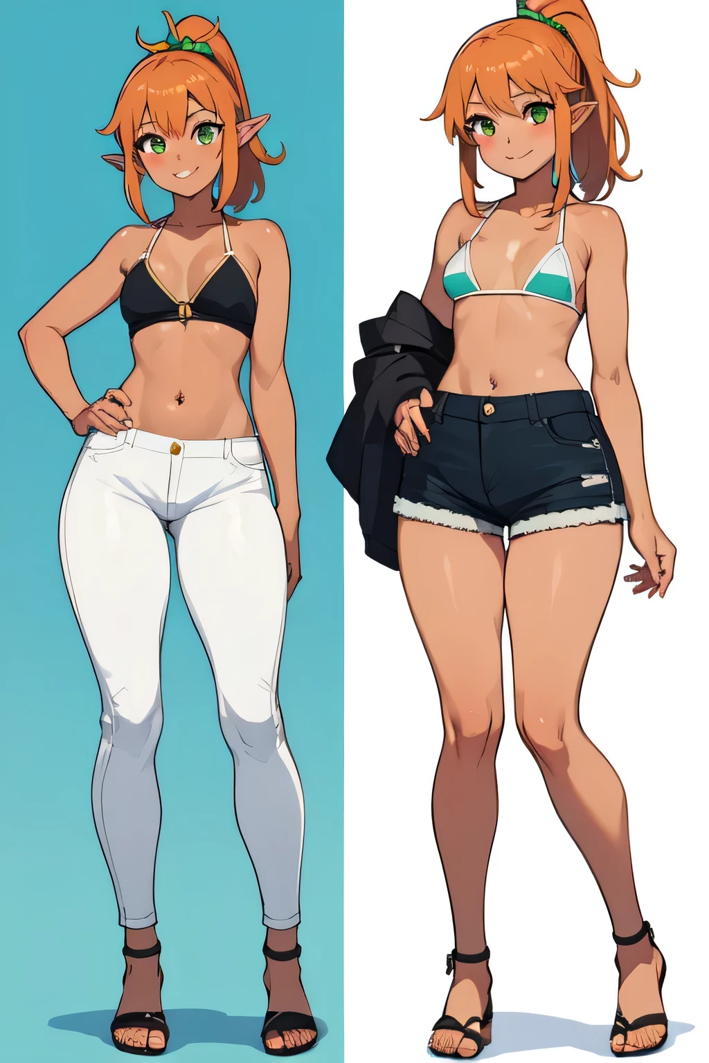 (High definition) (masterpiece), (tanned skin), Young elf girl, wide hips, small breasts, slender body, big thighs, beautiful legs, medium orange hair, green eyes, wearing white bikini top, black jeans shorts, with ponytail, relaxed pose, smiling, full body