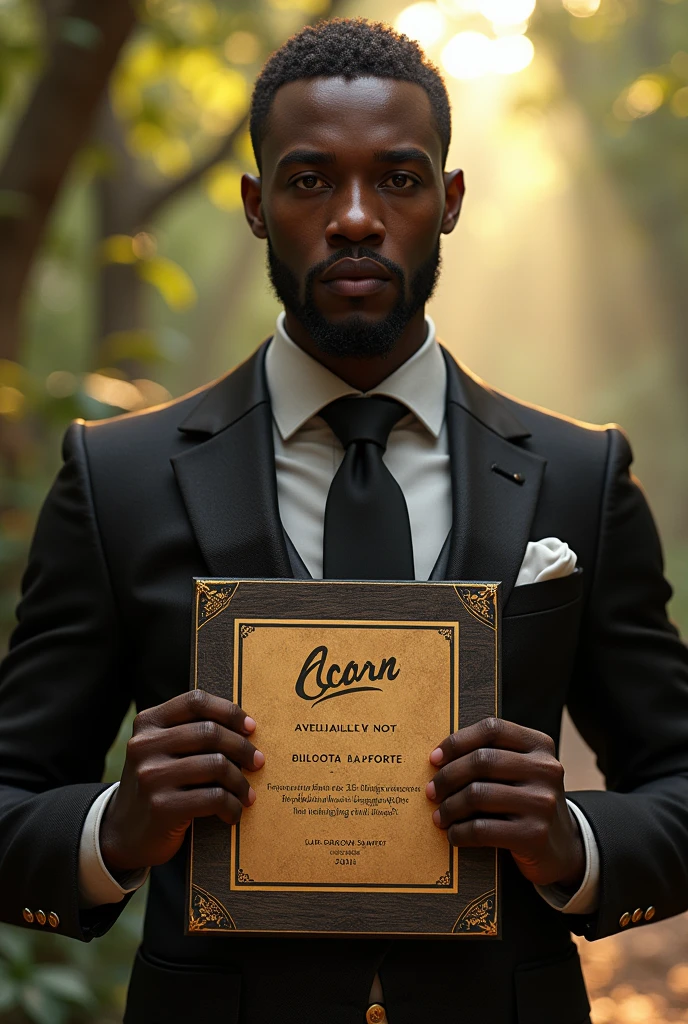 a man named acorn,he is wonderful,the most handsome man in the world is holding a plaque with his name on it,his name is BOLOTA-TA-FORTE,he is black