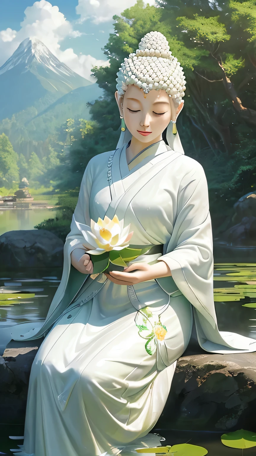 (Masterpiece),(Best quality),(Ultra-detailed), (Body:1.2), 1 Buddha statue, floating in a powerful zen state. White skin, Amitayus, sitting on a lotus flower, Chant the Buddha's name with both hands, temples, wearing an outfit, White skin, face round, kind, gentle, look, Mountains, green trees,stream,sunset light YELLOW, falling petals, forest, Birds, Clouds, dew, En plein air, Bright, fresh, Green, White skin, (Beautiful detailed face), (Eyes closed), (surrealism),