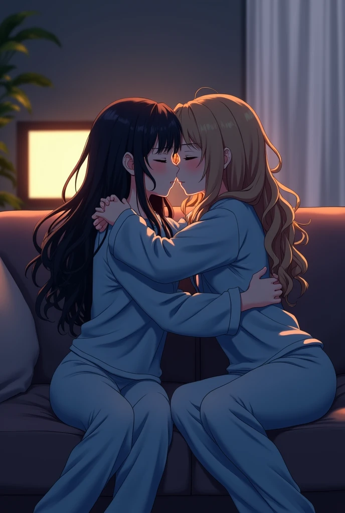 two cute  anime girls making out on their couch, dark, soft light from the TV, missionary position, one with long silk black hair and one with long curly light brown hair, in blue pajamas.