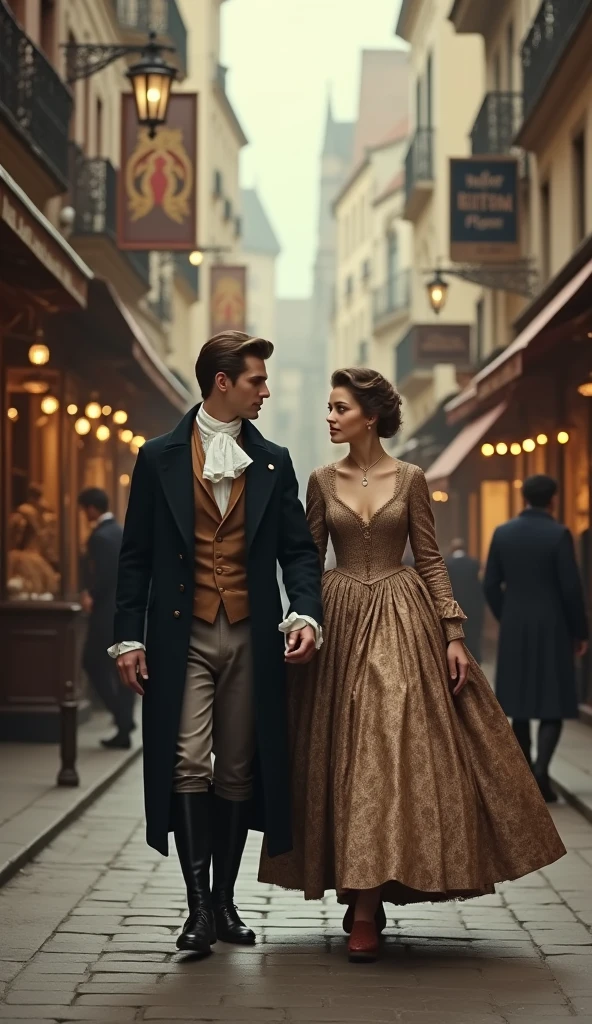 An aristocratic couple from the early 1700s, both wearing elegant but more practical clothing, with small, refined collars. They are walking through a fashionable street, surrounded by shops displaying the latest trends. The cinematic colors should evoke a sense of changing times.