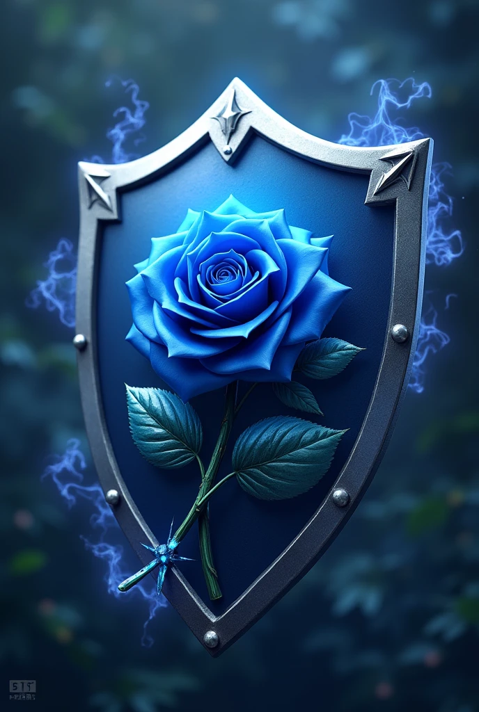 A shield with a blue rose and a magic wand
